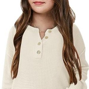 Girls Waffle Knit Sweaters Trendy Henley Button V Neck Long Sleeve Pullover Jump